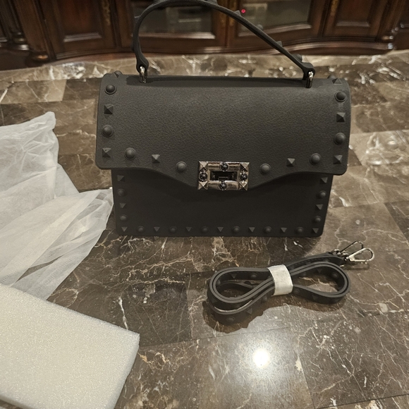 REBEL RICH BLACK VEGAN LEATHER STUDDED BAG WOLF AND BADGER NEW - Picture 3 of 8